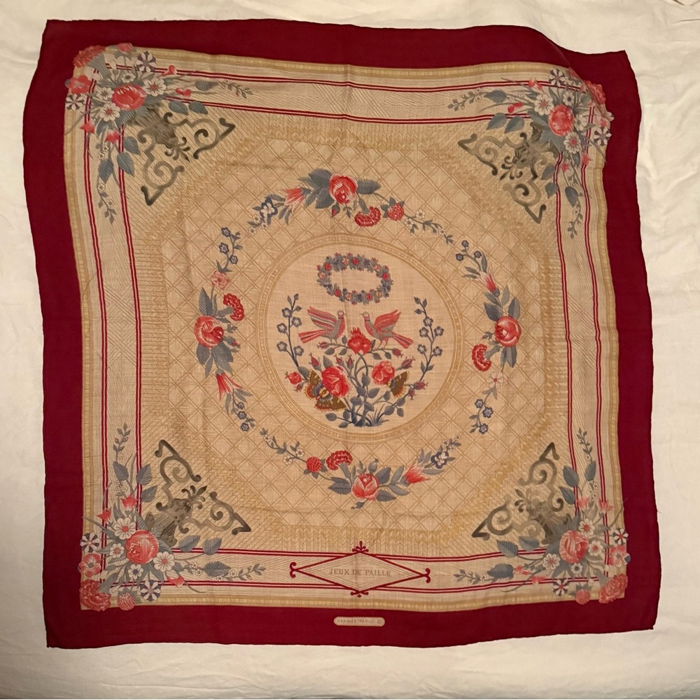 Hermes Jeux de Paille Cashmere and Silk Scarf 90cm Natural and Burgundy - Picture 5 of 11